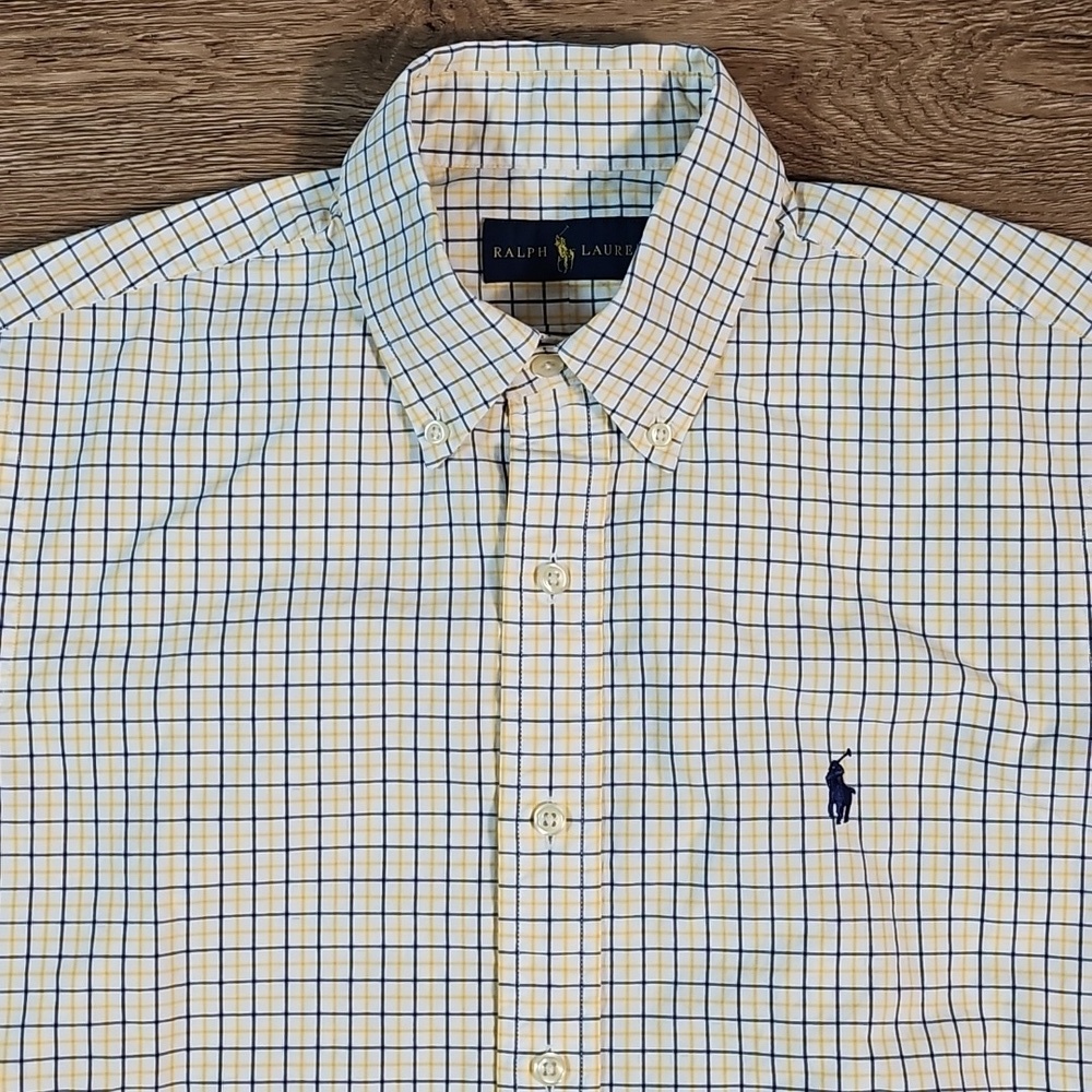 Ralph Lauren 100% Cotton Yellow Navy Check Plaid Long Sleeve Button Down Shirt - Picture 4 of 14